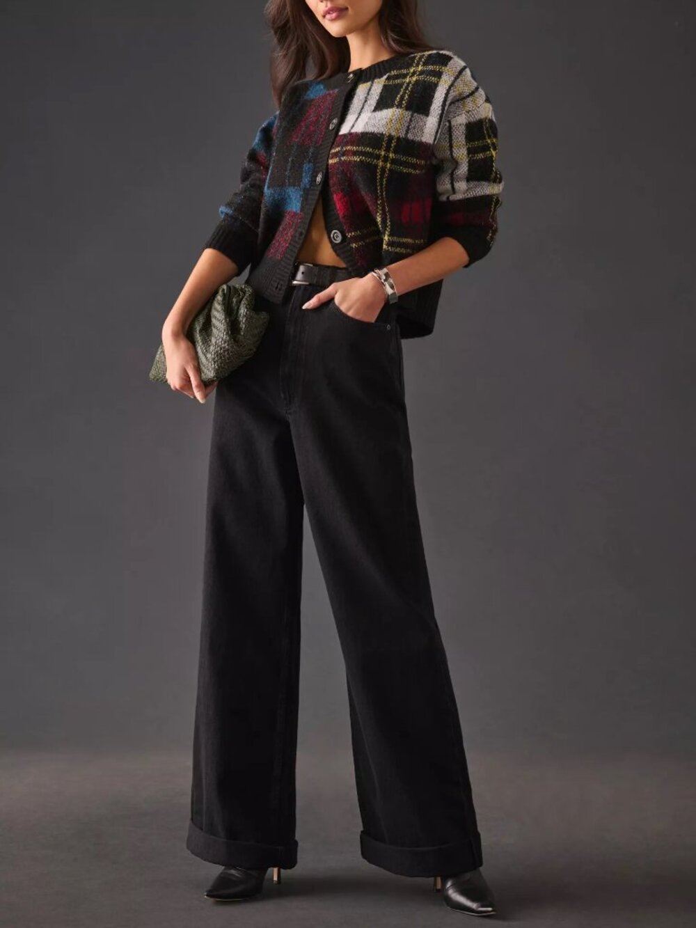 MOTHER  SNACKS! High Rise Funnel Heel Cuff Black Wide Leg Jeans Smacking Good 25